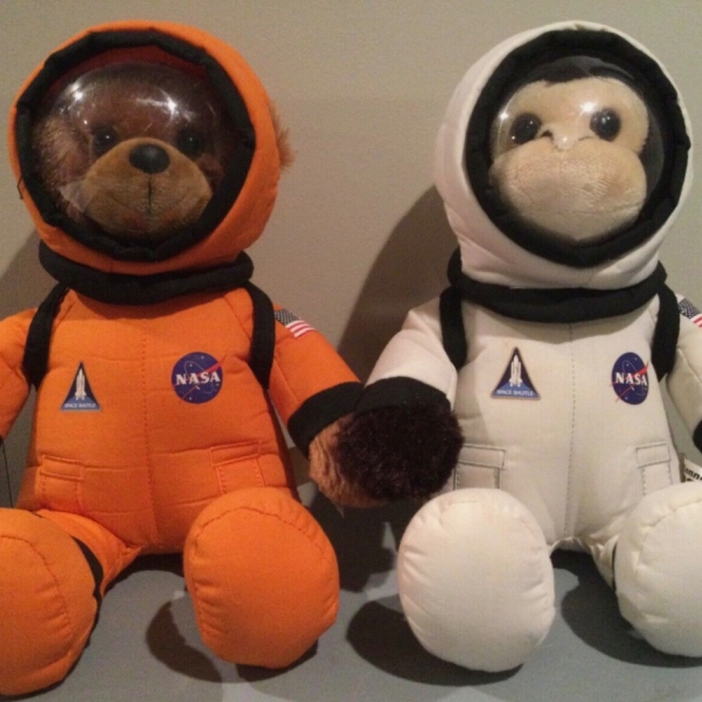Plush bear and monkey astronaut from the Kennedy Space Center